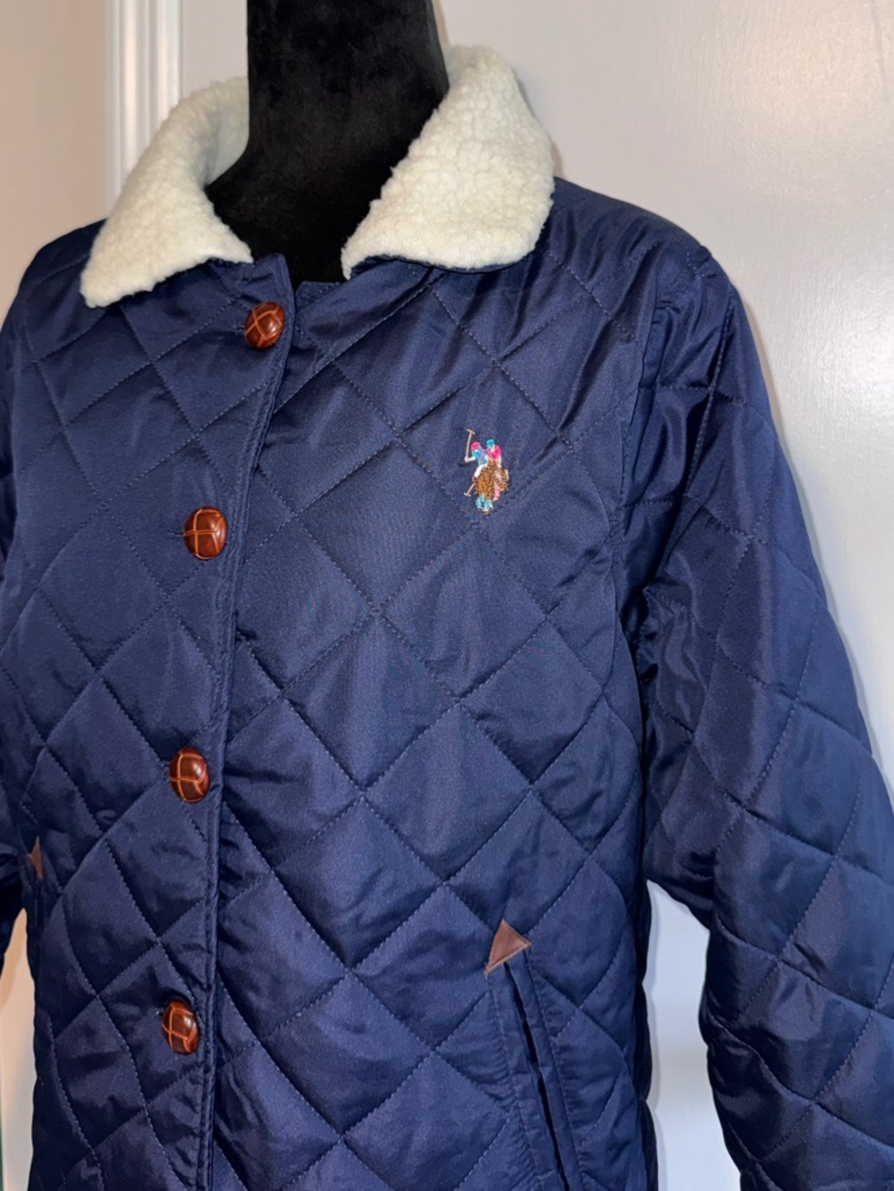 U.S. Polo Assn. Navy Quilted Puffer Jacket with White Sherpa Collar